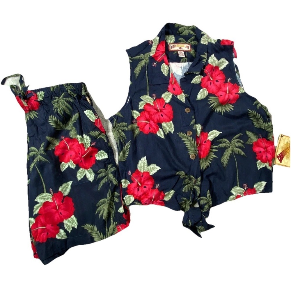Caribbean Joe 2 Piece Set Women Large‎ Tropical Floral Shirt Shorts Hawaii Beach